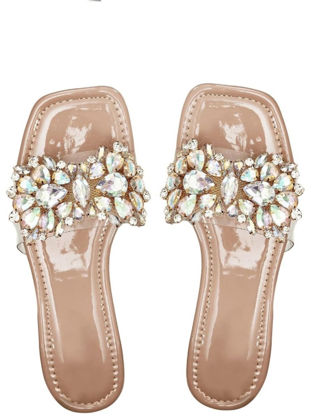 Women's Dusty Pink Rhinestone Flats Square Toe Slides Sparkle Transparent Shoes